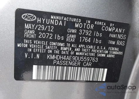 2013 Hyundai Elantra Gls из США, поврежденный, VIN KMHDH4AE9DU559763